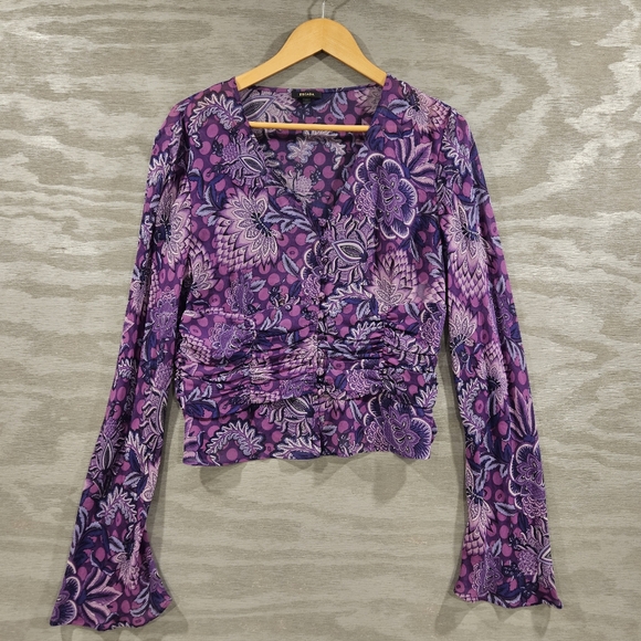 Escada Tops - Escada SZ 42/L Stunning Purple Floral Long Bell Sleeve 100% Silk Blouse V-Neck